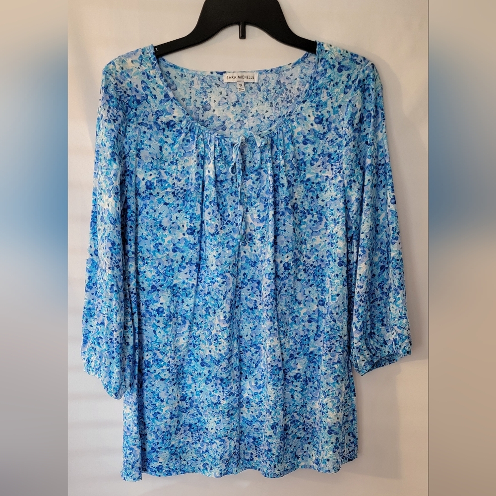 Sarah Michelle Blue Smocked 3/4 Sleeve Blouse Size 1X